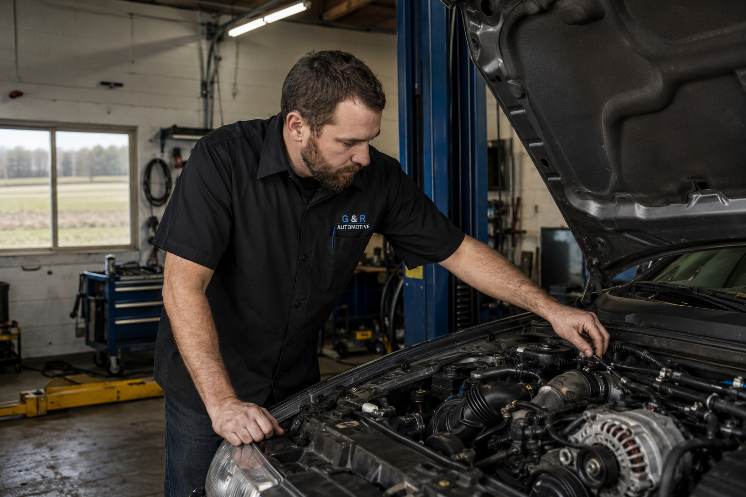 G & R Automotive mechanic inspecting a vehicle engine