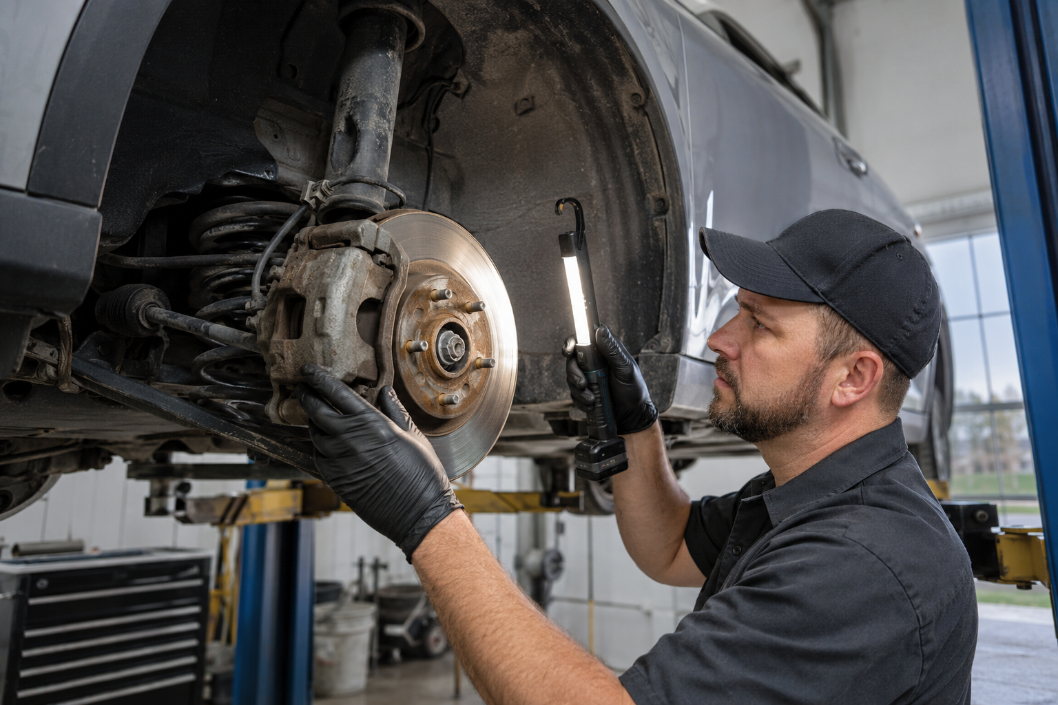 Mechanic inspecting brakes and suspension at G & R Automotive