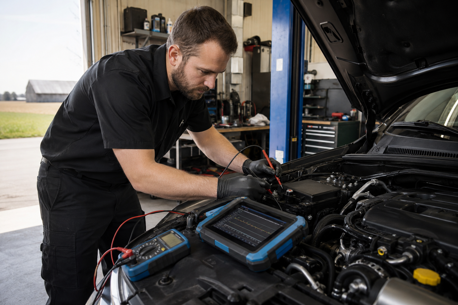 Mechanic diagnosing an engine with professional testing equipment